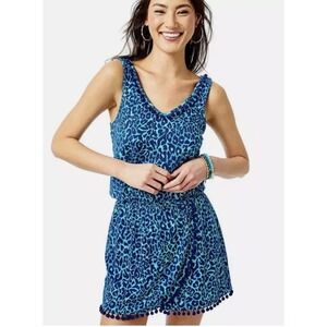Lilly Pulitzer Gigi Faux Wrap Skort Romper with Pom Pom Trim Blue Leopard - XXS